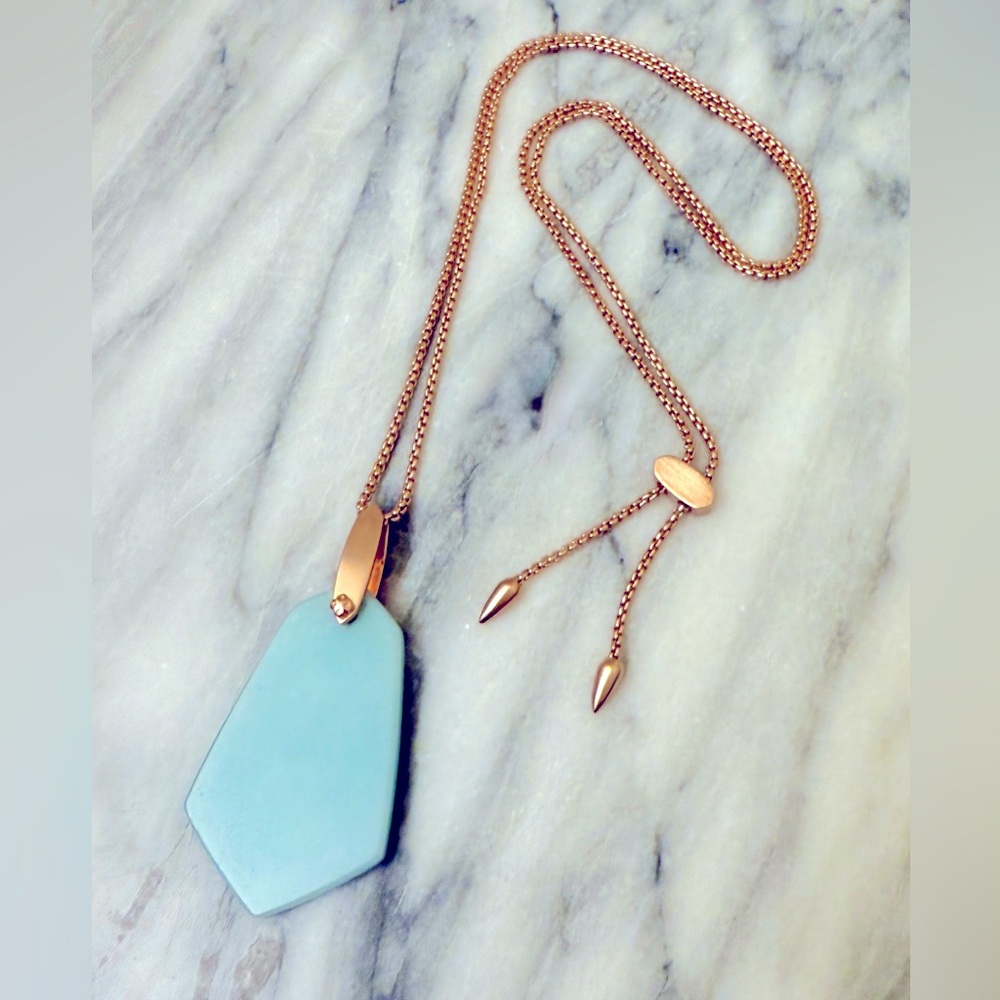 Kendra Scott Cam Long Pendant Necklace in 14k Rose Gold Teal Quartzite
